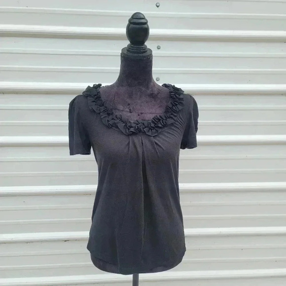 Ann Taylor Loft Womens Black Ruffled Neck Shirt Top Black Modal Petites PS Small - Picture 1 of 8